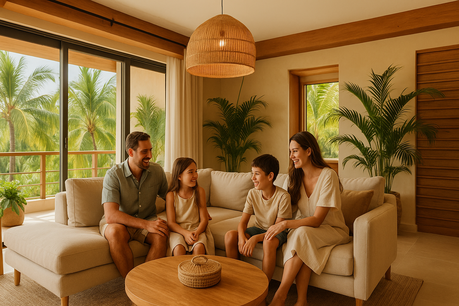 Familia sonriendo en salón luminoso - HabitatPro